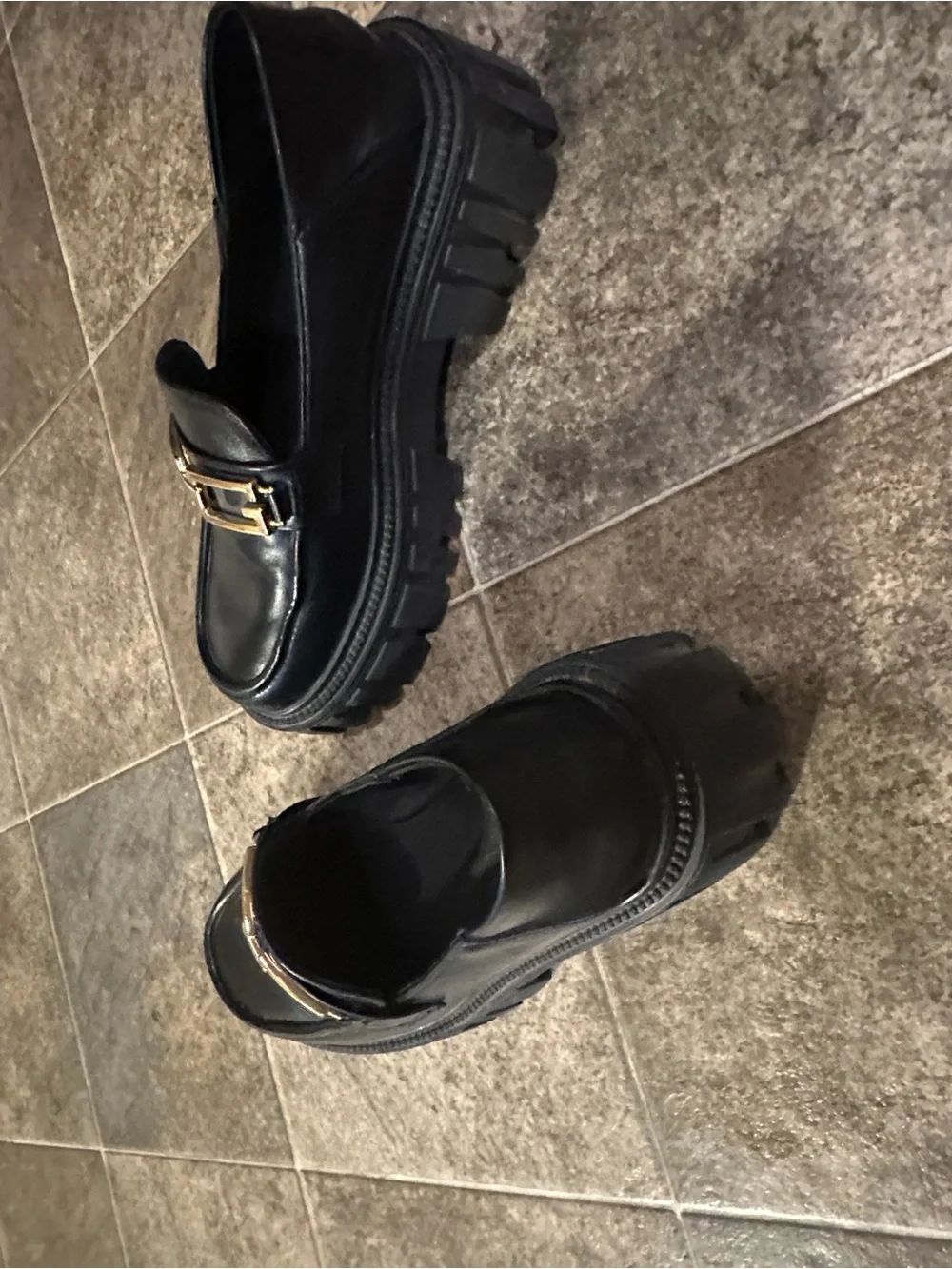 Black Leather Lug-Sole Loafers with Gold Chain Accent